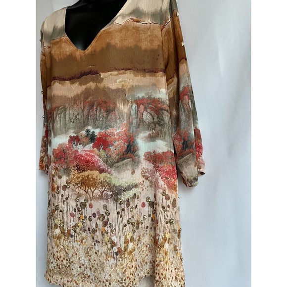 V Cristina Colorful Tunic Blouse sze L Pearls Scenery Novelty 3/4 Sleeve Chiffon - Picture 3 of 8